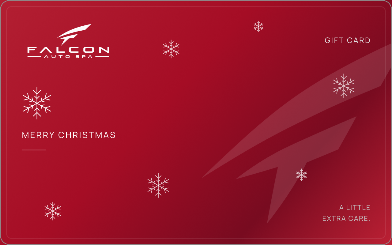 Red Falcon Auto Spa Christmas gift card with white snowflakes